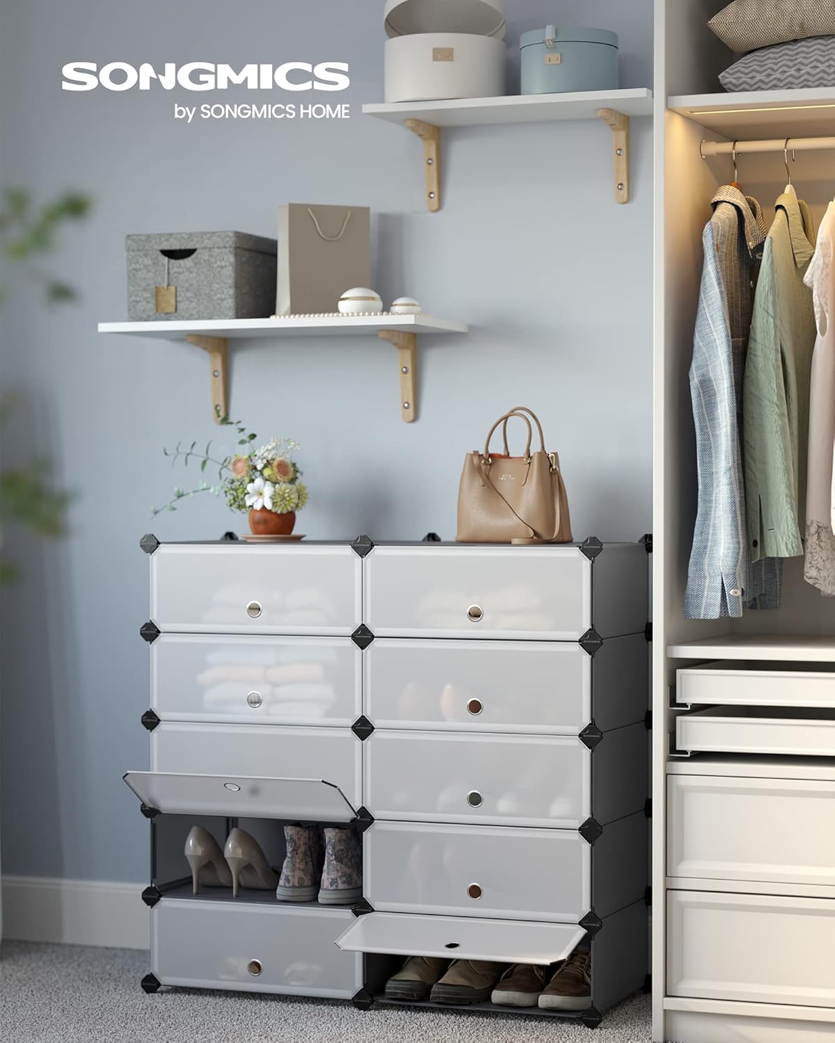 SONGMICS Dulap de depozitare pantofi modular, configurabil cu 10 compartimente, 43x31x173 cm, gri Household NewTrend
