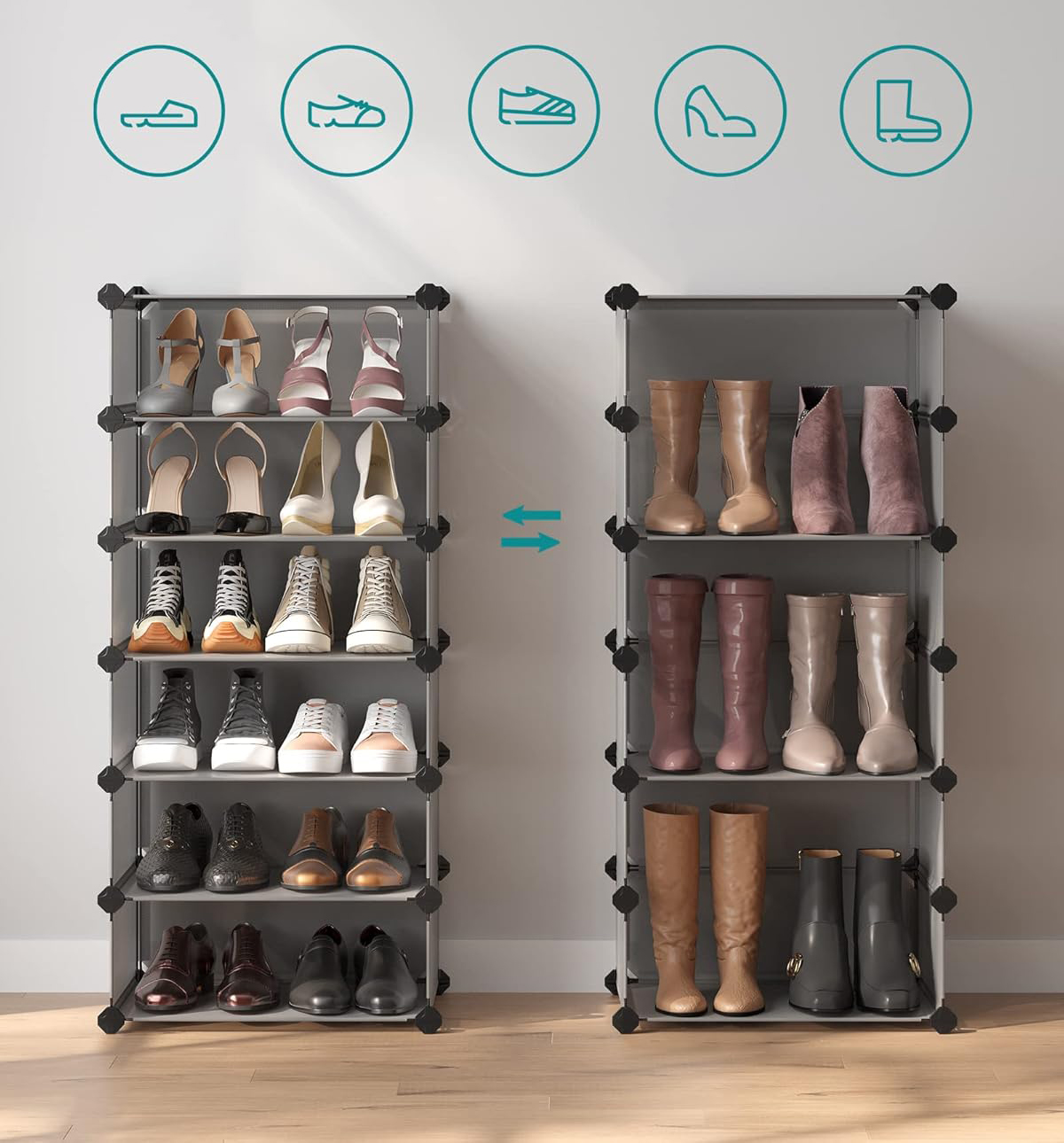 SONGMICS Dulap de depozitare pantofi modular, configurabil cu 10 compartimente, 43x31x173 cm, gri Household NewTrend