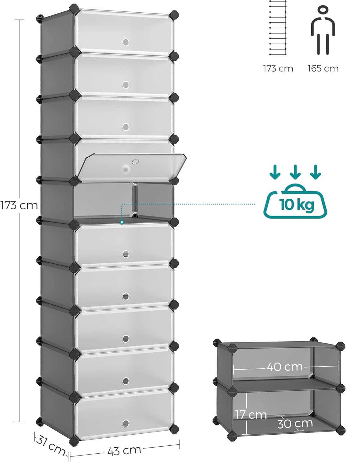 SONGMICS Dulap de depozitare pantofi modular, configurabil cu 10 compartimente, 43x31x173 cm, gri Household NewTrend