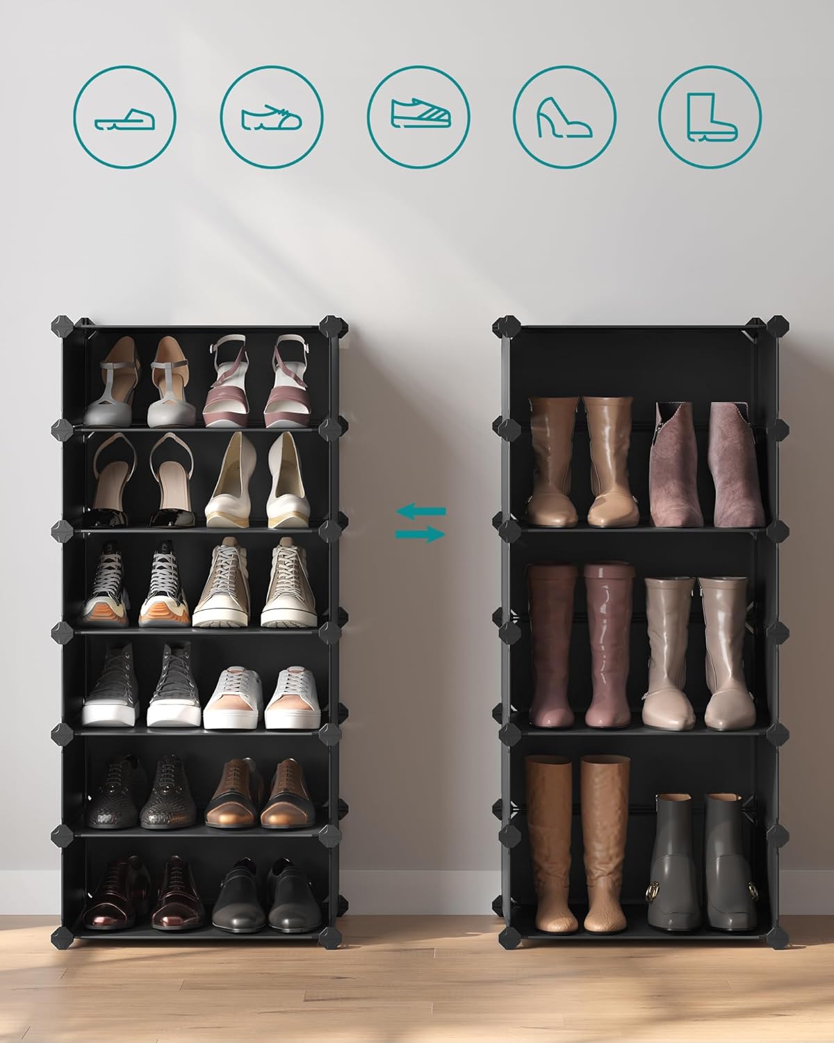 SONGMICS Dulap de depozitare pantofi modular, configurabil cu 10 compartimente, 43x31x173 cm, negru Household NewTrend