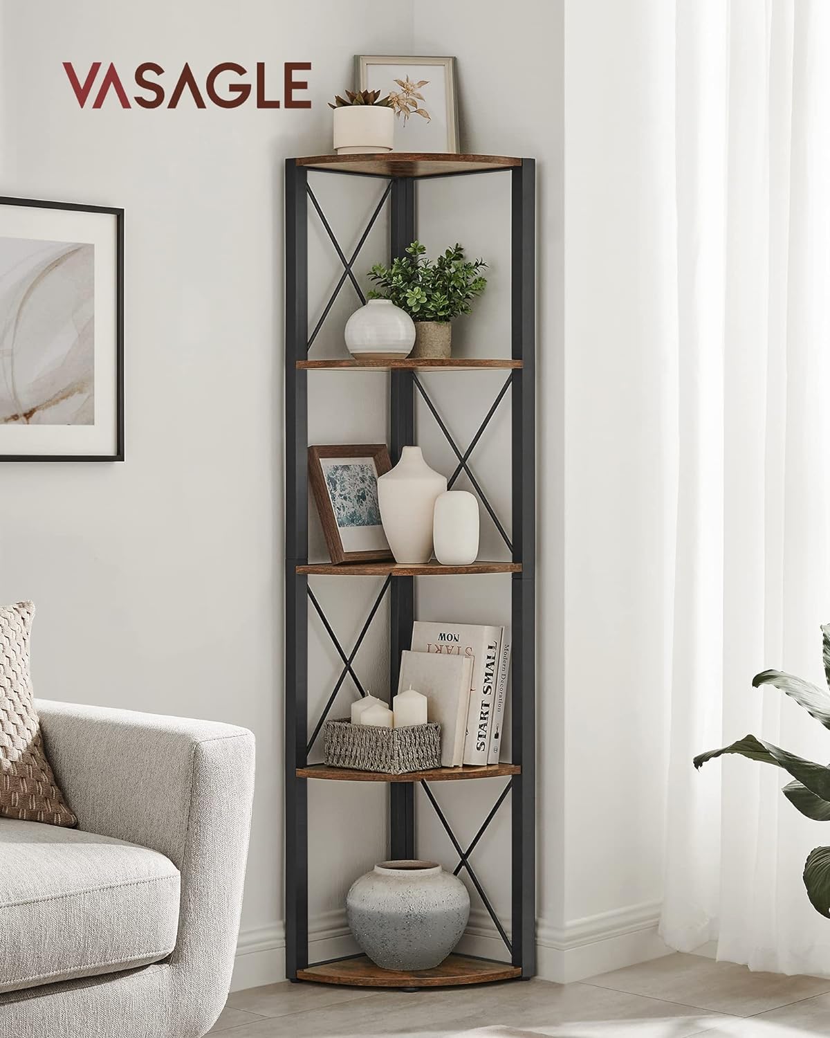 VASAGLE Biblioteca de colt cu 5 etaje, cadru metalic, stil industrial, 30x30x160 cm, maro rustic Household NewTrend