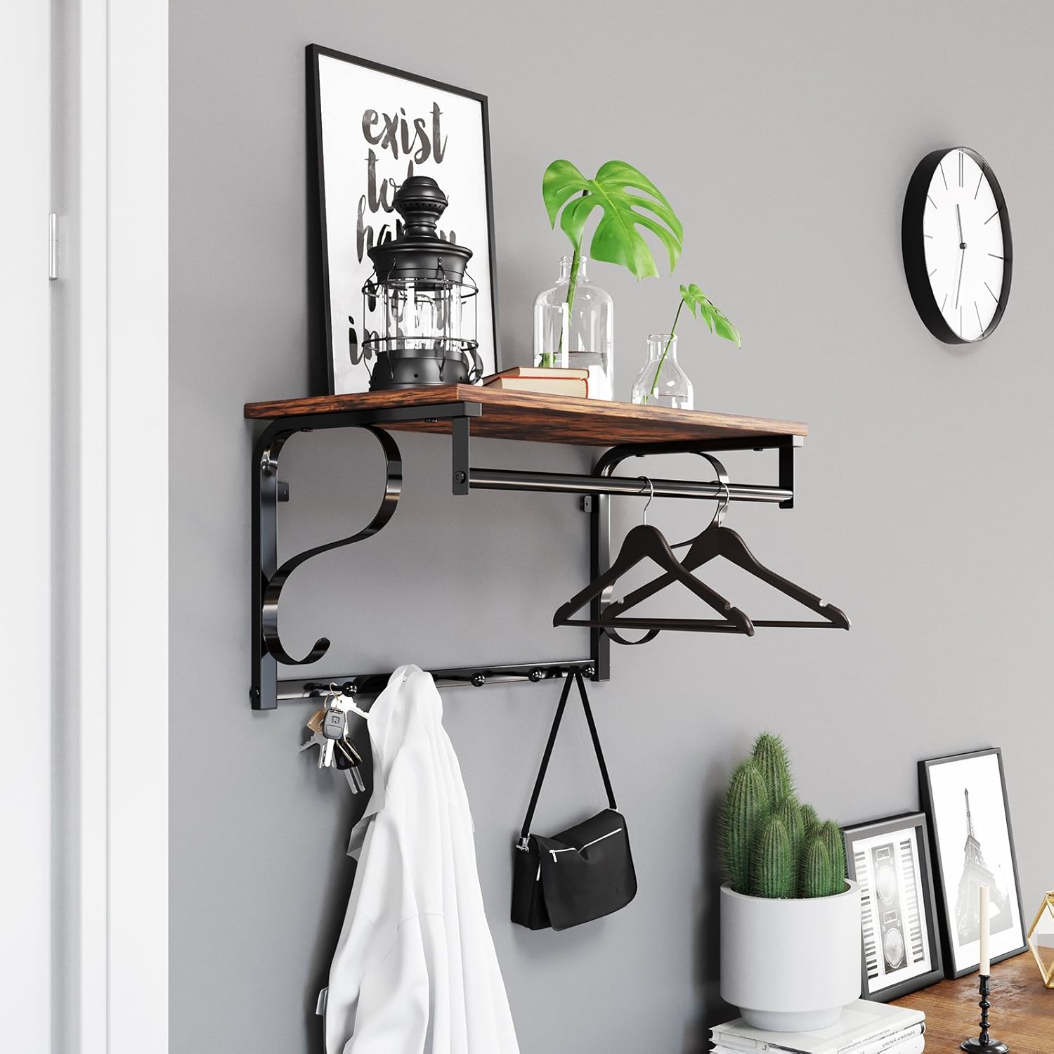 VASAGLE Cuier de perete cu raft de depozitare si sina, 5 carlige, 30x60x32 cm, maro rustic Household NewTrend