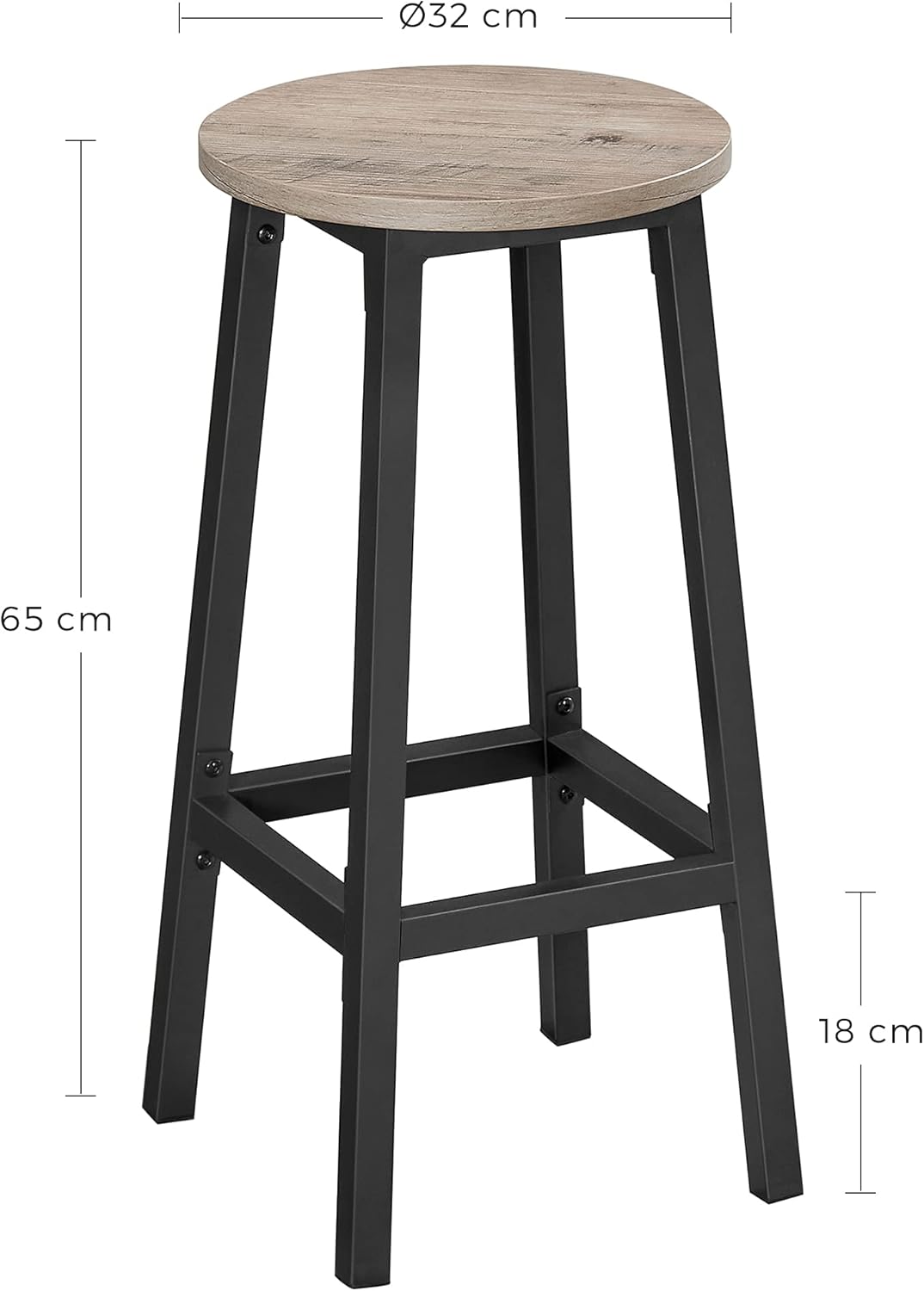 VASAGLE Set 2 scaune bar inalte, sezut rotund, cadru din otel, inaltime 65 cm, stil industrial, gri Household NewTrend