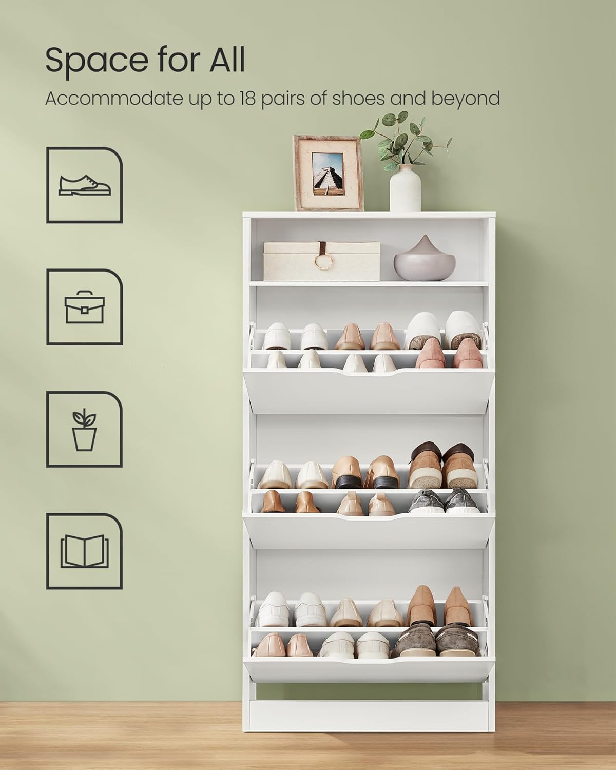 VASAGLE Dulap pantofi cu 3 usi rabatabile, pentru 14-18 perechi, 60x24x130 cm, alb Household NewTrend