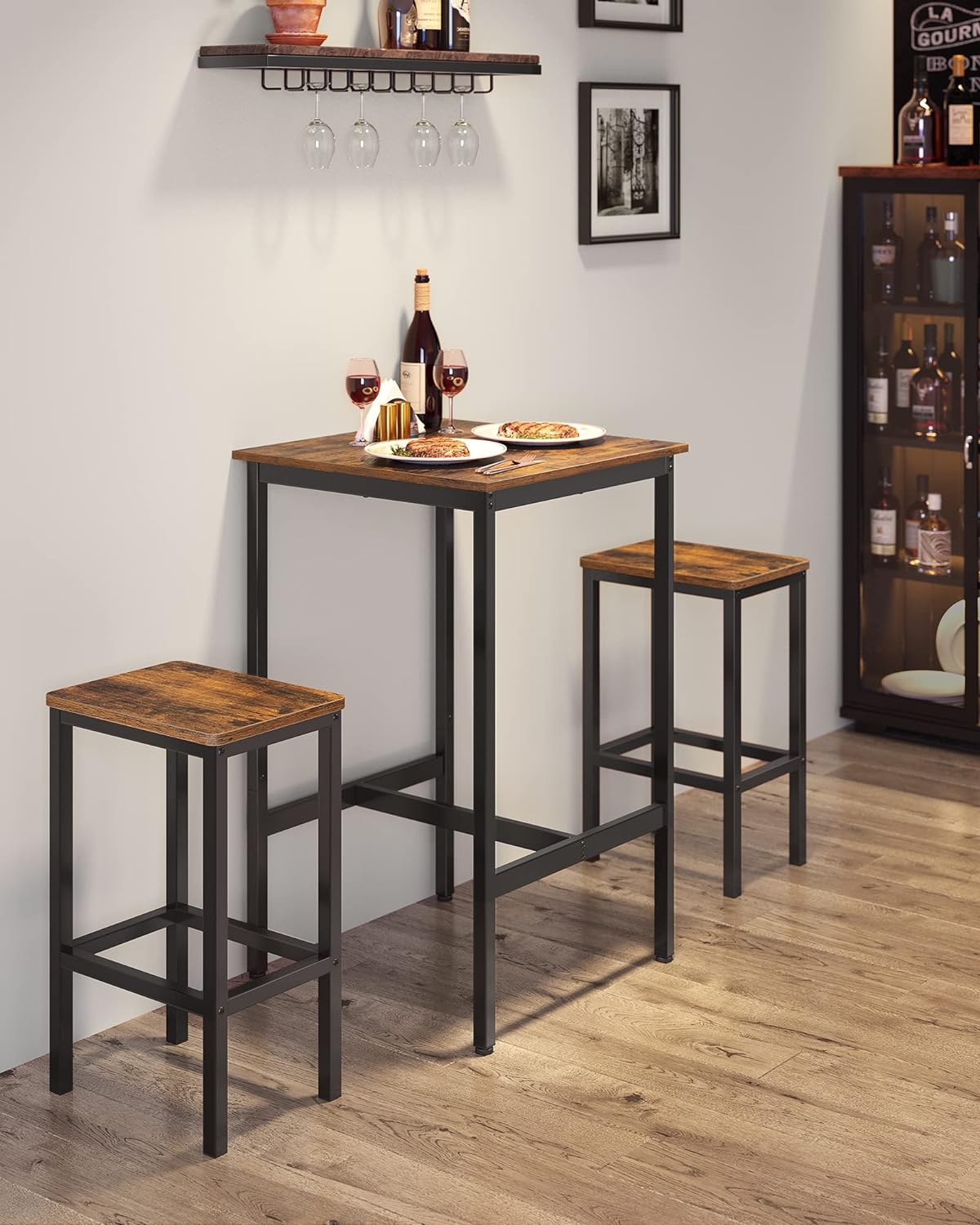 VASAGLE Set masa si scaune de bar, masa 60x60x90cm si 2 scaune 30x40x65cm, stil industrial, maro rustic Household NewTrend