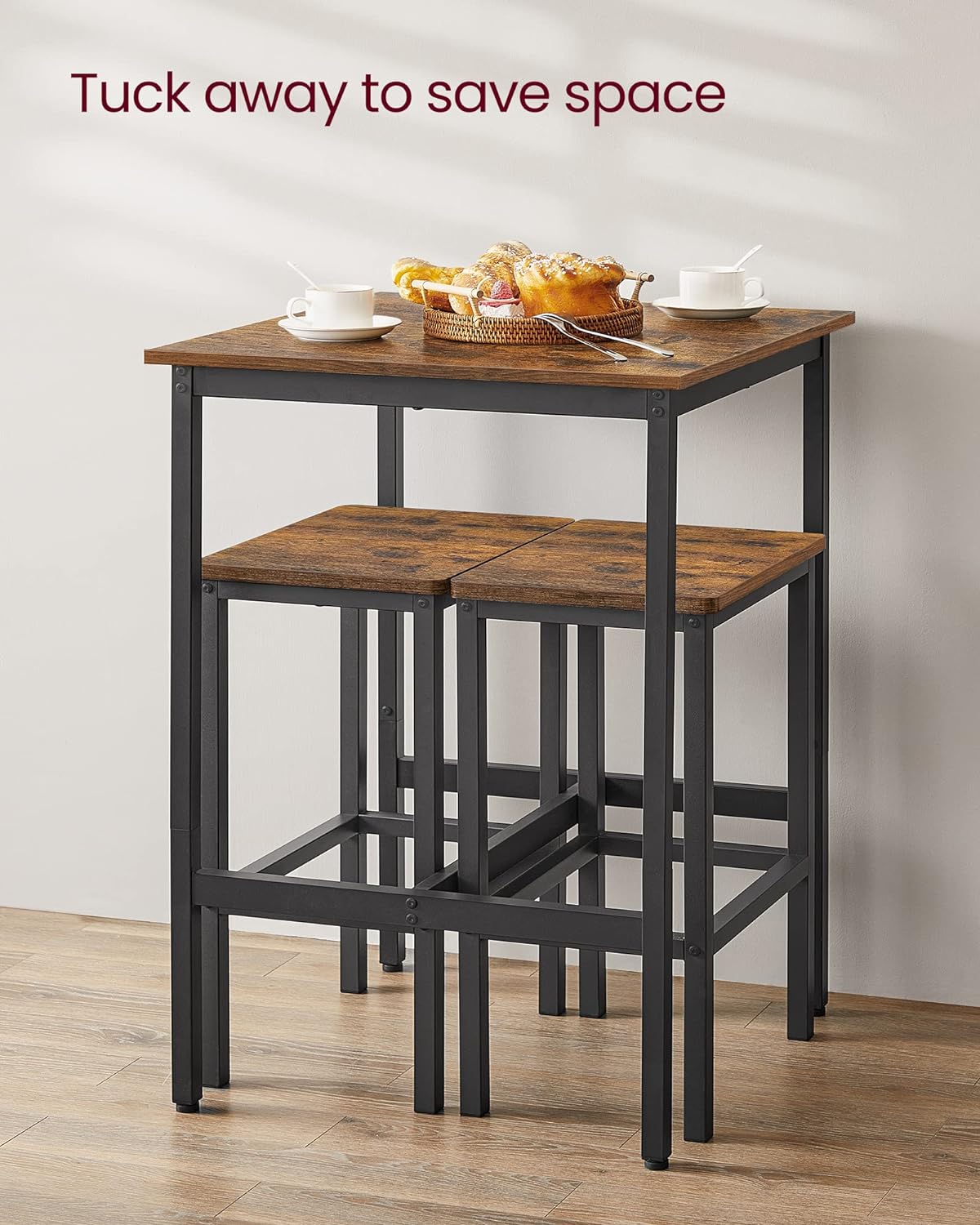 VASAGLE Set masa si scaune de bar, masa 60x60x90cm si 2 scaune 30x40x65cm, stil industrial, maro rustic Household NewTrend