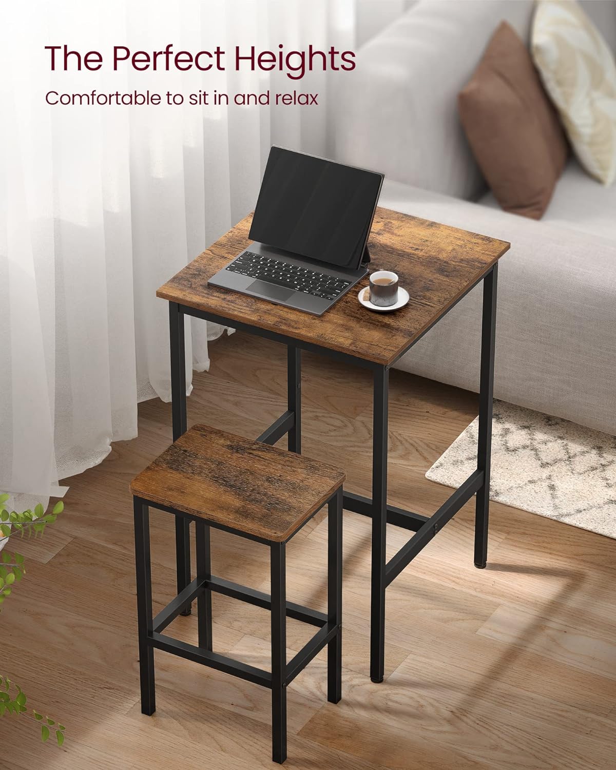 VASAGLE Set masa si scaune de bar, masa 60x60x90cm si 2 scaune 30x40x65cm, stil industrial, maro rustic Household NewTrend