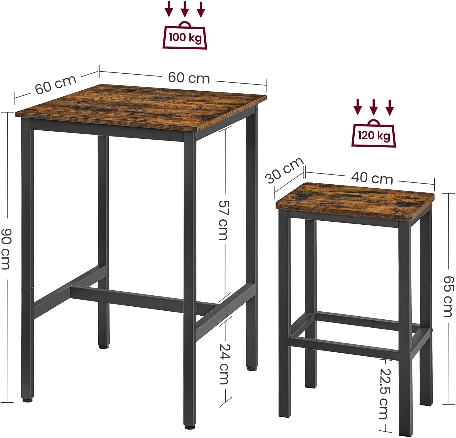 VASAGLE Set masa si scaune de bar, masa 60x60x90cm si 2 scaune 30x40x65cm, stil industrial, maro rustic Household NewTrend