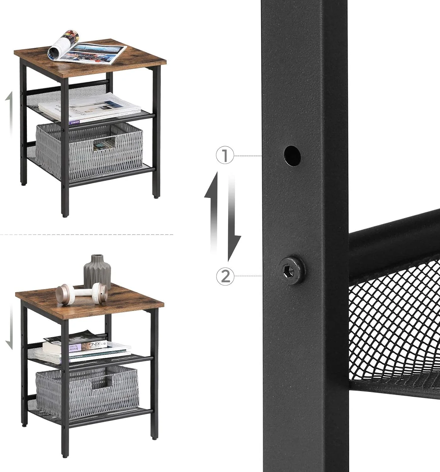 VASAGLE Set de 2 noptiere, cu cadru metalic, blat MDF, rafturi reglabile, 40x40x50cm, maro rustic Household NewTrend