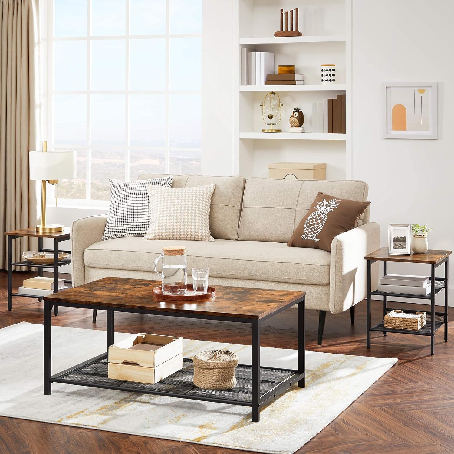 VASAGLE Set de 2 noptiere, cu cadru metalic, blat MDF, rafturi reglabile, 40x40x50cm, maro rustic Household NewTrend