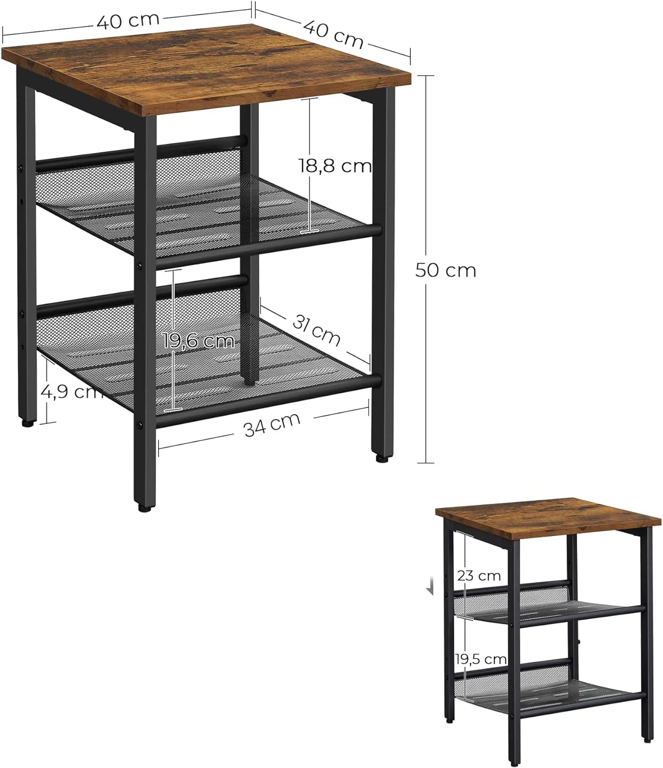 VASAGLE Set de 2 noptiere, cu cadru metalic, blat MDF, rafturi reglabile, 40x40x50cm, maro rustic Household NewTrend