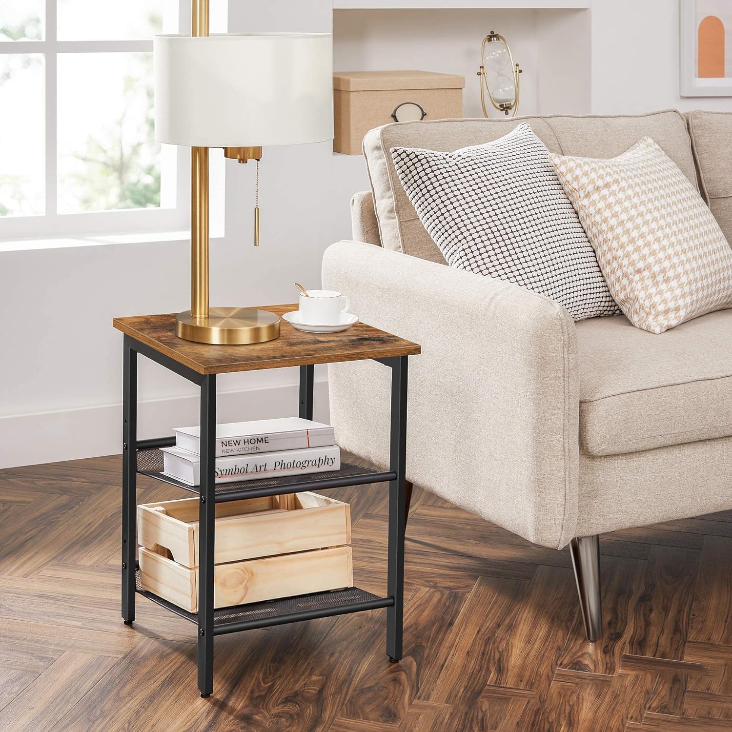 VASAGLE Set de 2 noptiere, cu cadru metalic, blat MDF, rafturi reglabile, 40x40x50cm, maro rustic Household NewTrend