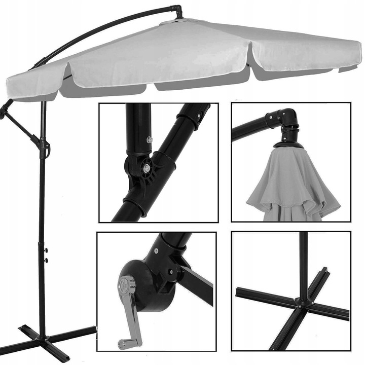 Umbrela de gradina cu brat lateral banana, cu husa, 300cm, gri deschis Household NewTrend