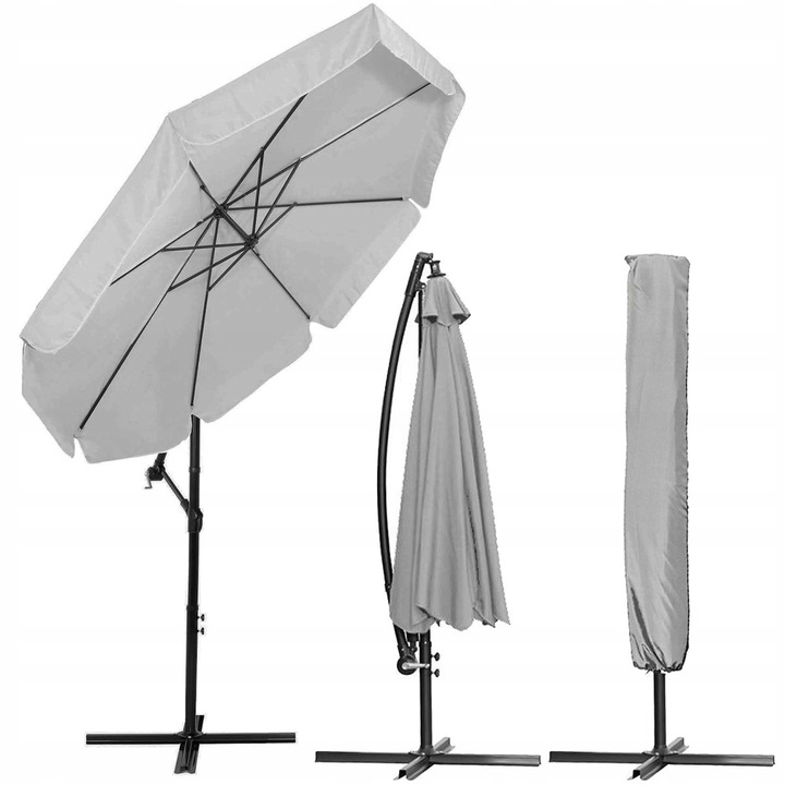 Umbrela de gradina cu brat lateral banana, cu husa, 300cm, gri deschis Household NewTrend