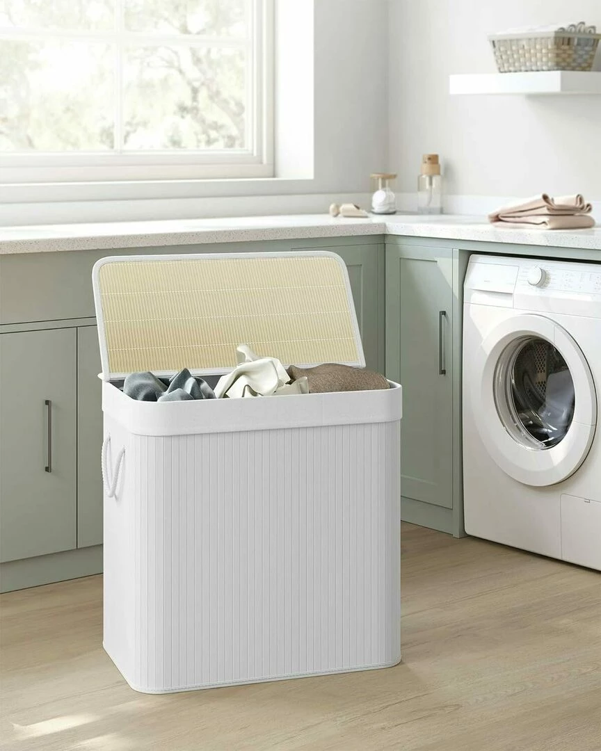 SONGMICS Cos de rufe din bambus, pliabil, cu captuseala detasabila lavabila, 3 compartimente, 150L, 60x40x62cm, alb Household NewTrend