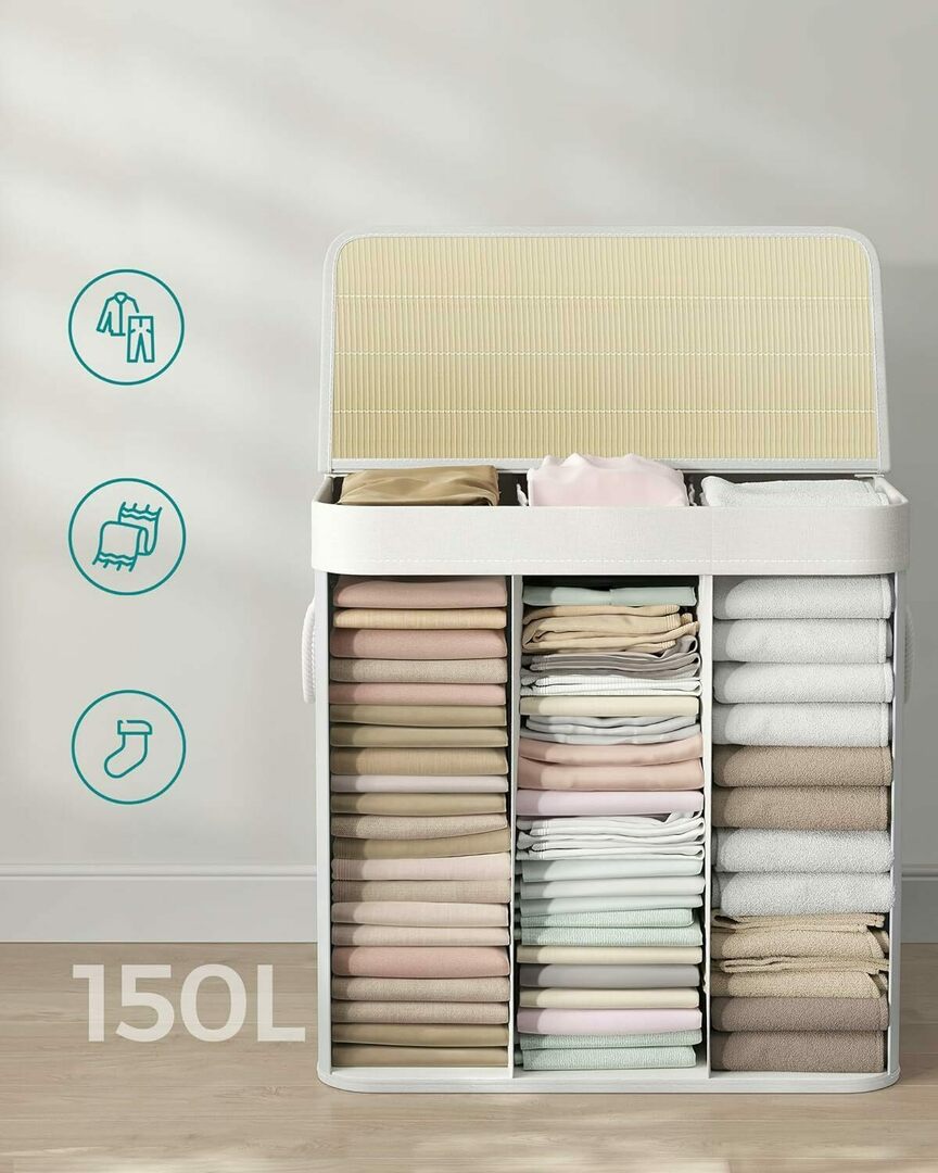 SONGMICS Cos de rufe din bambus, pliabil, cu captuseala detasabila lavabila, 3 compartimente, 150L, 60x40x62cm, alb Household NewTrend