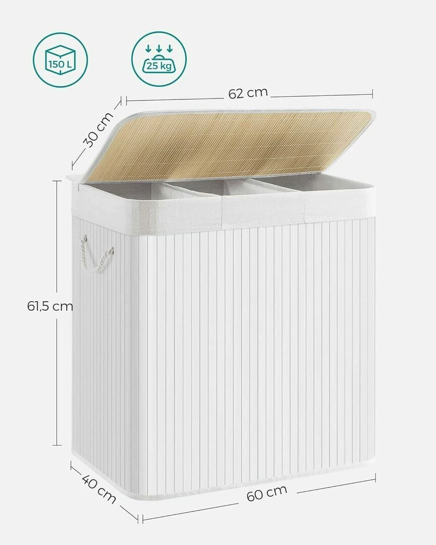 SONGMICS Cos de rufe din bambus, pliabil, cu captuseala detasabila lavabila, 3 compartimente, 150L, 60x40x62cm, alb Household NewTrend