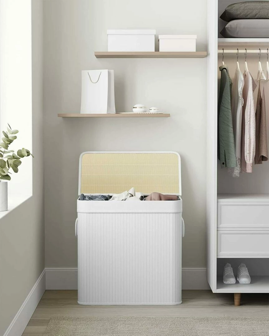 SONGMICS Cos de rufe din bambus, pliabil, cu captuseala detasabila lavabila, 3 compartimente, 150L, 60x40x62cm, alb Household NewTrend