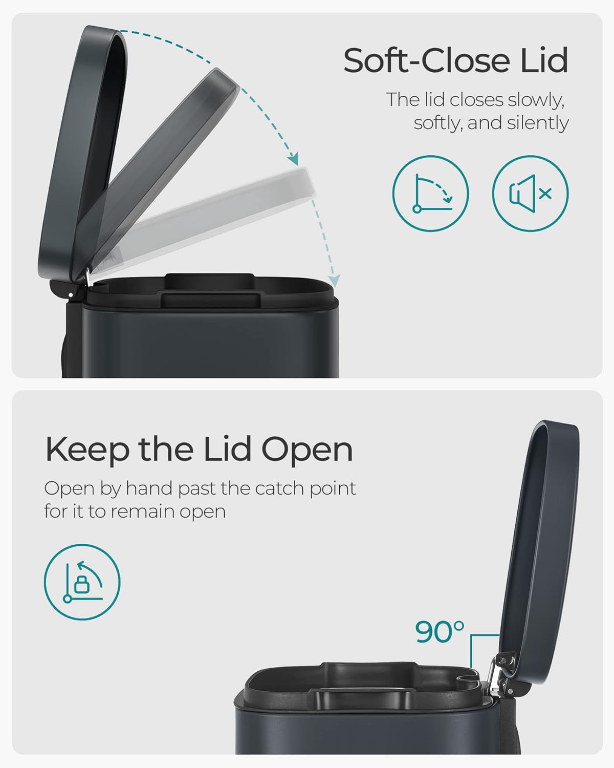 SONGMICS Cos de gunoi din otel cu pedala, galeata interioara plastic, capac inchidere lenta, 30L, 35x30x63cm, gri inchis Household NewTrend