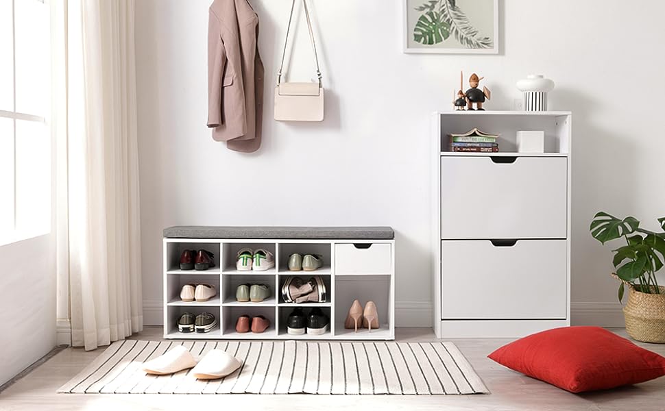 VASAGLE Banca de depozitare cu suport pentru pantofi, 10 compartimente si dulap, cu perna, 30x104x48cm, alb Household NewTrend