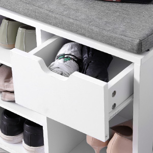 VASAGLE Banca de depozitare cu suport pentru pantofi, 10 compartimente si dulap, cu perna, 30x104x48cm, alb Household NewTrend