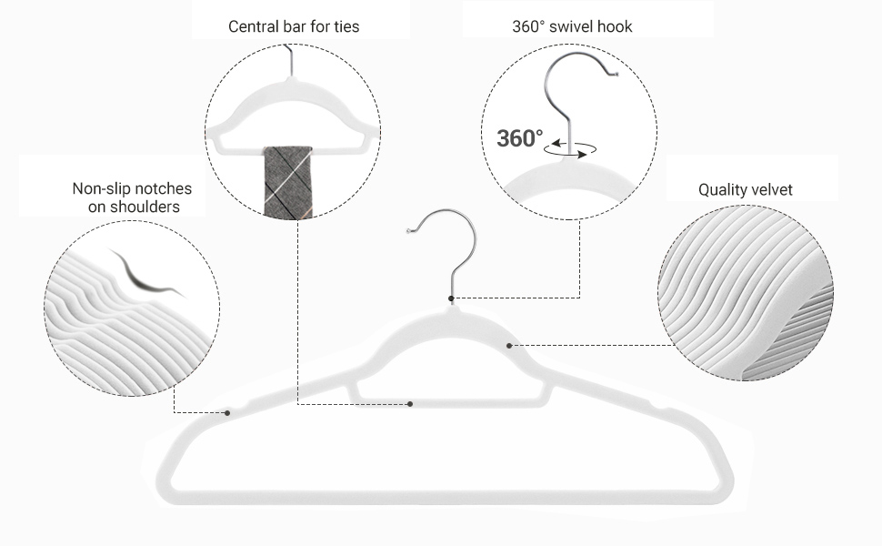 SONGMICS Set de 50 de umerase pentru haine, anti-alunecare cu catifea, bara de cravata si carlig pivotant, 43,5 cm, alb Household NewTrend