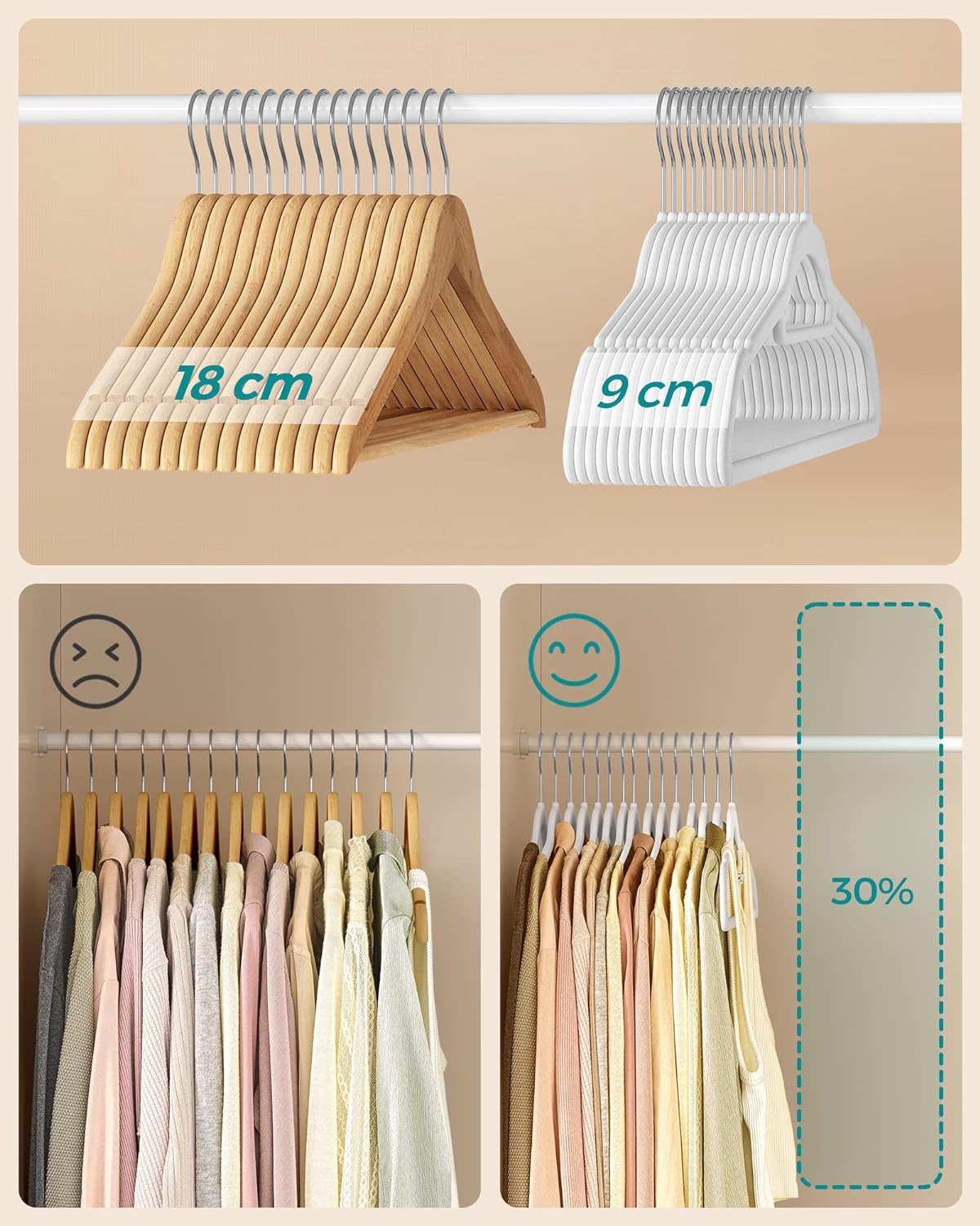 SONGMICS Set de 50 de umerase pentru haine, anti-alunecare cu catifea, bara de cravata si carlig pivotant, 43,5 cm, alb Household NewTrend