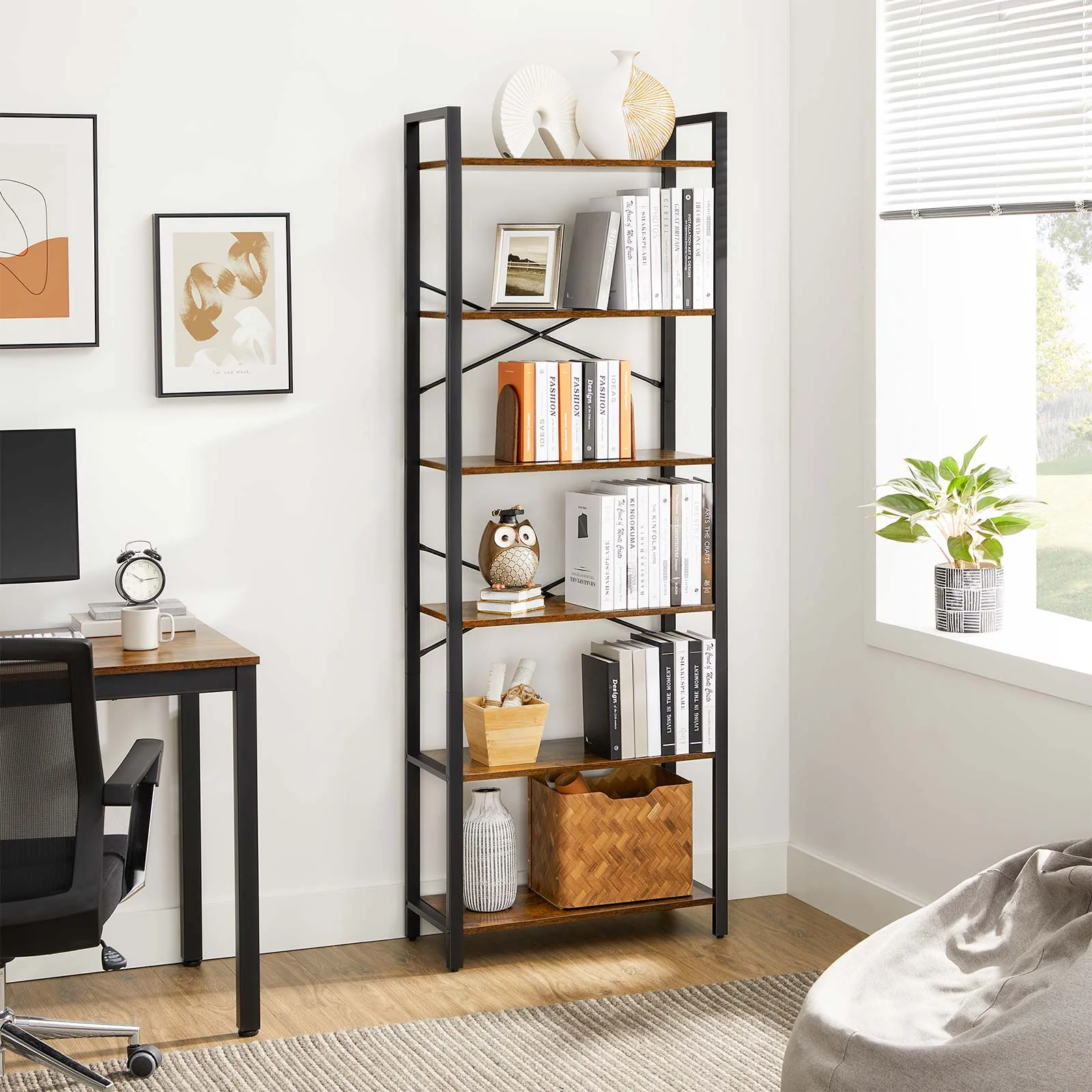 VASAGLE Biblioteca cu cadru otel si 6 polite, stil industrial, 66x30x186cm, maro rustic si negru Household NewTrend