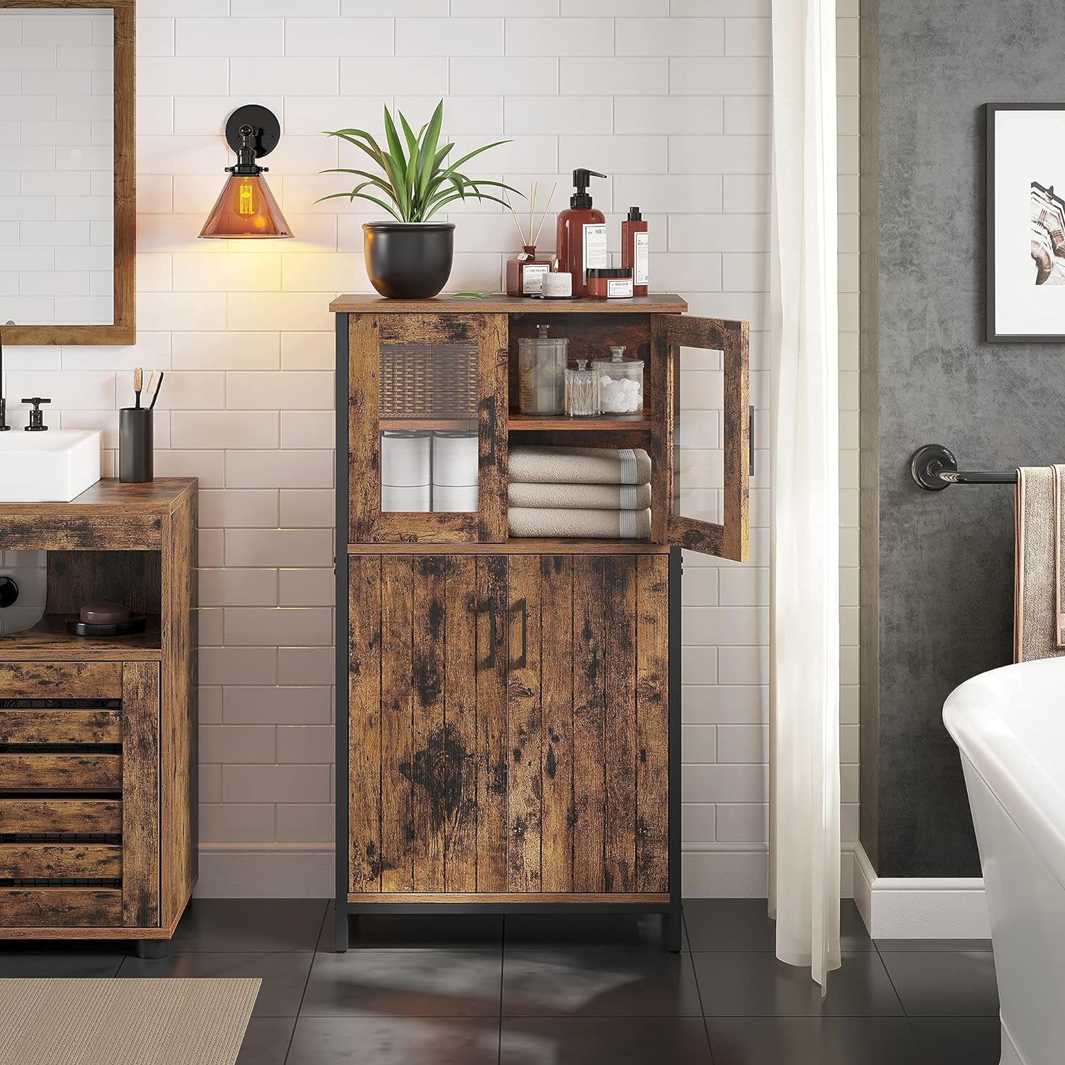 VASAGLE Dulap multifunctional pentru baie, stil industrial, 60x30x108cm, maro rustic si negru Household NewTrend