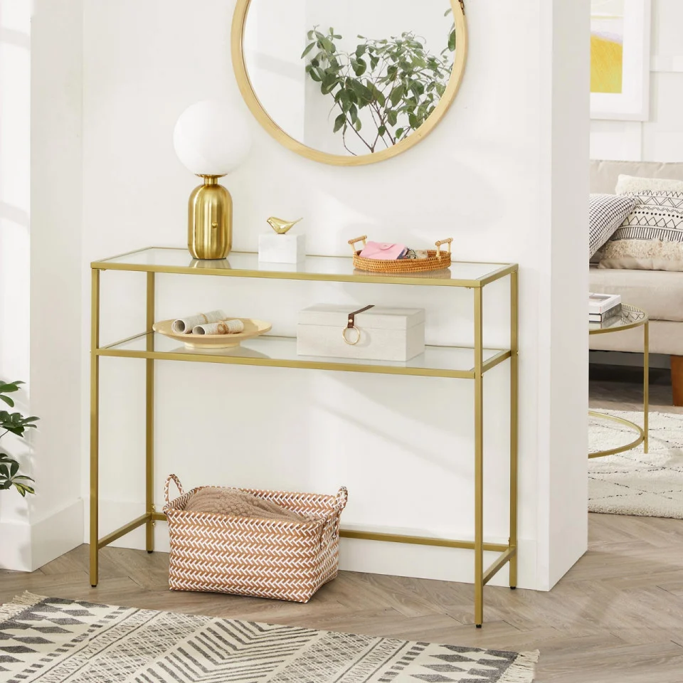 VASAGLE Masa de intrare, pe 2 nivele, blat din sticla securizata, cadru metalic, 35x100x80cm, auriu Household NewTrend