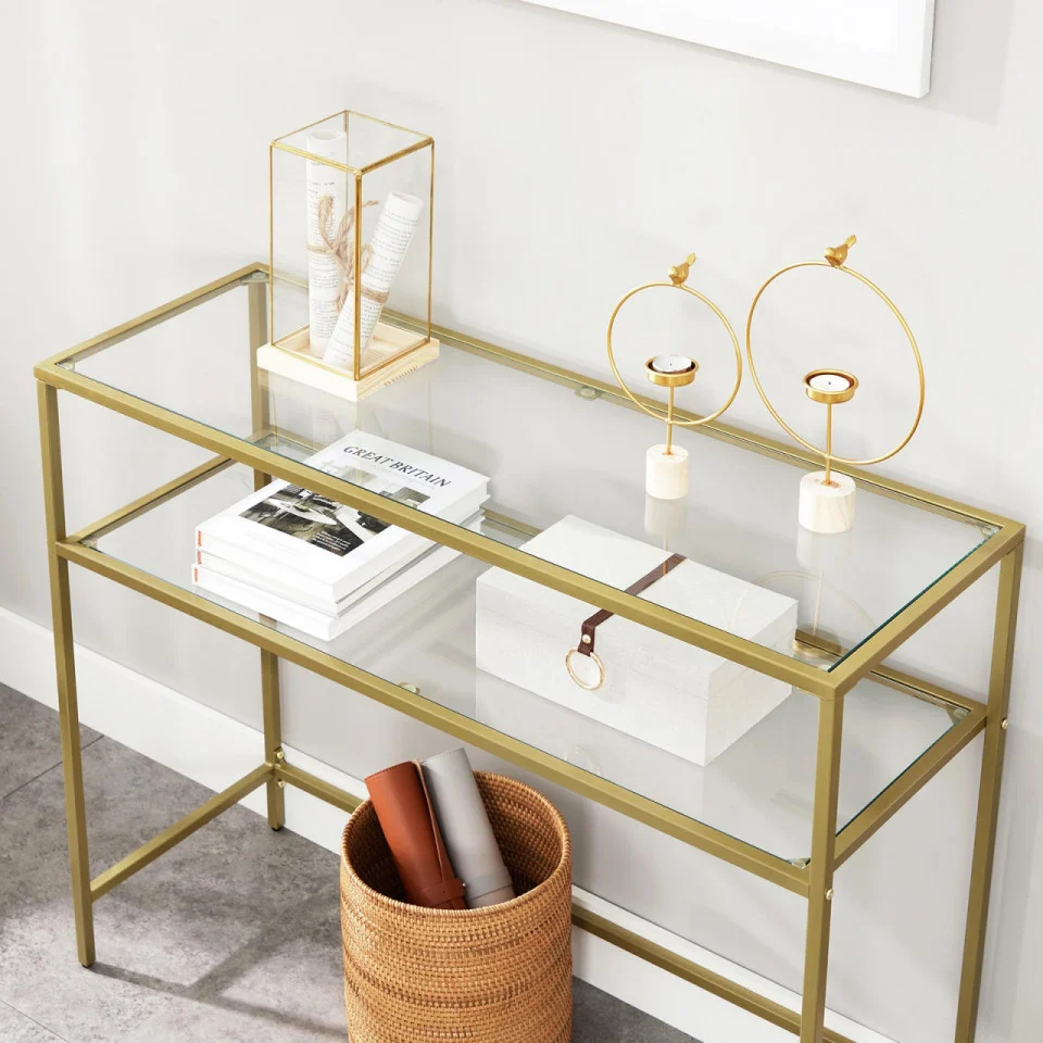 VASAGLE Masa de intrare, pe 2 nivele, blat din sticla securizata, cadru metalic, 35x100x80cm, auriu Household NewTrend