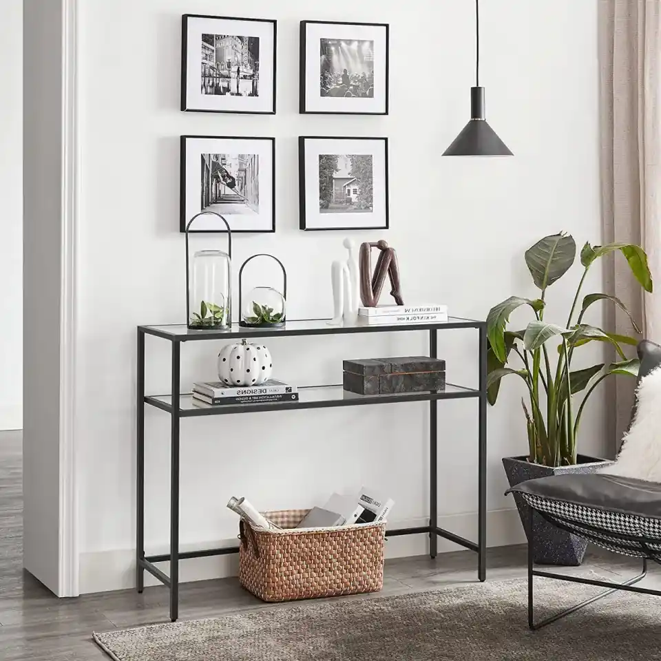 VASAGLE Masa de intrare, pe 2 nivele, blat din sticla securizata, cadru metalic, 35x100x80cm, negru Household NewTrend
