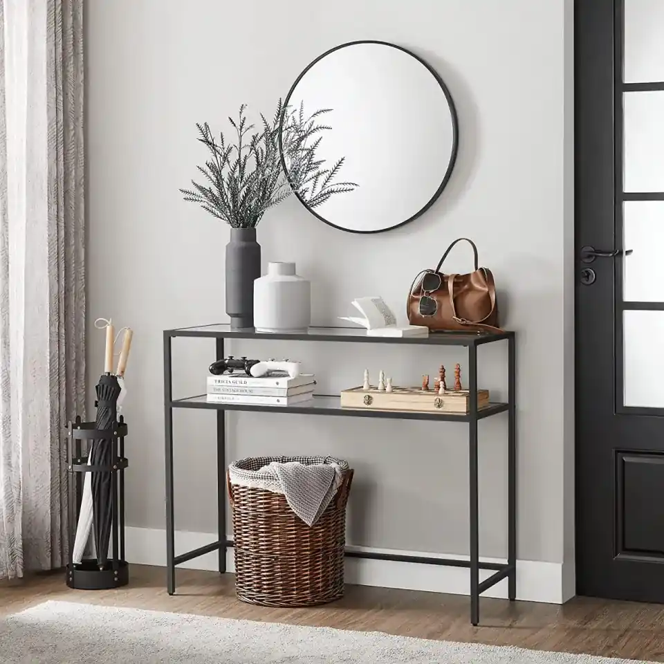 VASAGLE Masa de intrare, pe 2 nivele, blat din sticla securizata, cadru metalic, 35x100x80cm, negru Household NewTrend