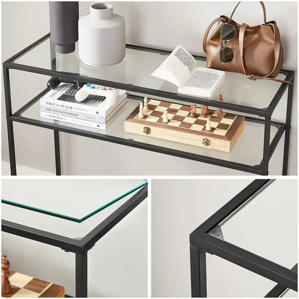 VASAGLE Masa de intrare, pe 2 nivele, blat din sticla securizata, cadru metalic, 35x100x80cm, negru Household NewTrend