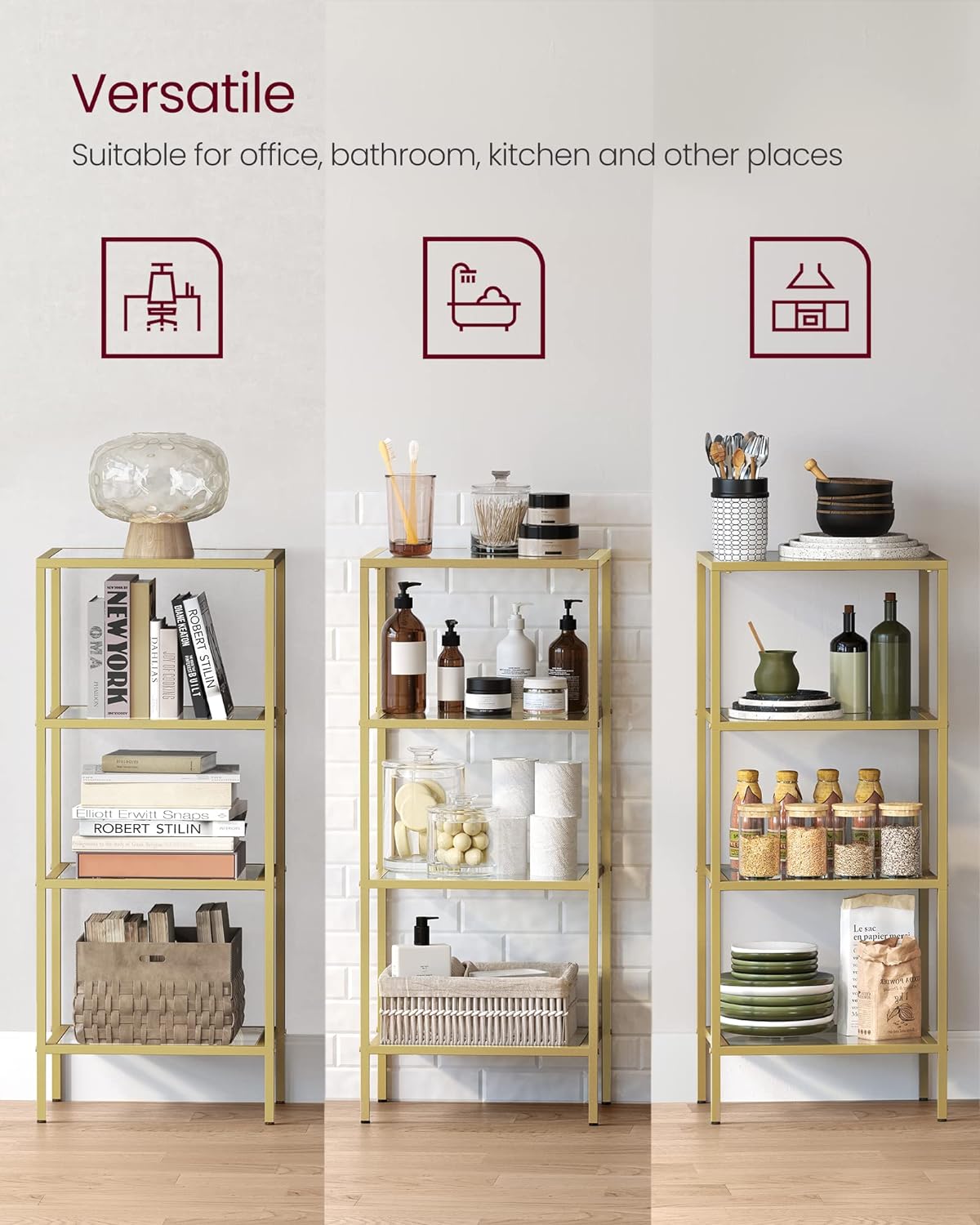 VASAGLE Raft cu trepte pentru dormitor, 4 etaje, din sticla securizata, cadru din otel, 30x95x40cm, auriu Household NewTrend