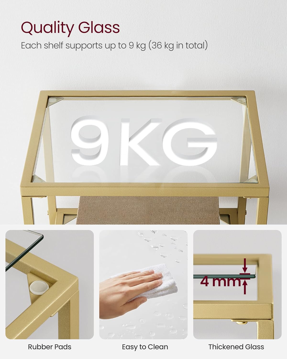 VASAGLE Raft cu trepte pentru dormitor, 4 etaje, din sticla securizata, cadru din otel, 30x95x40cm, auriu Household NewTrend