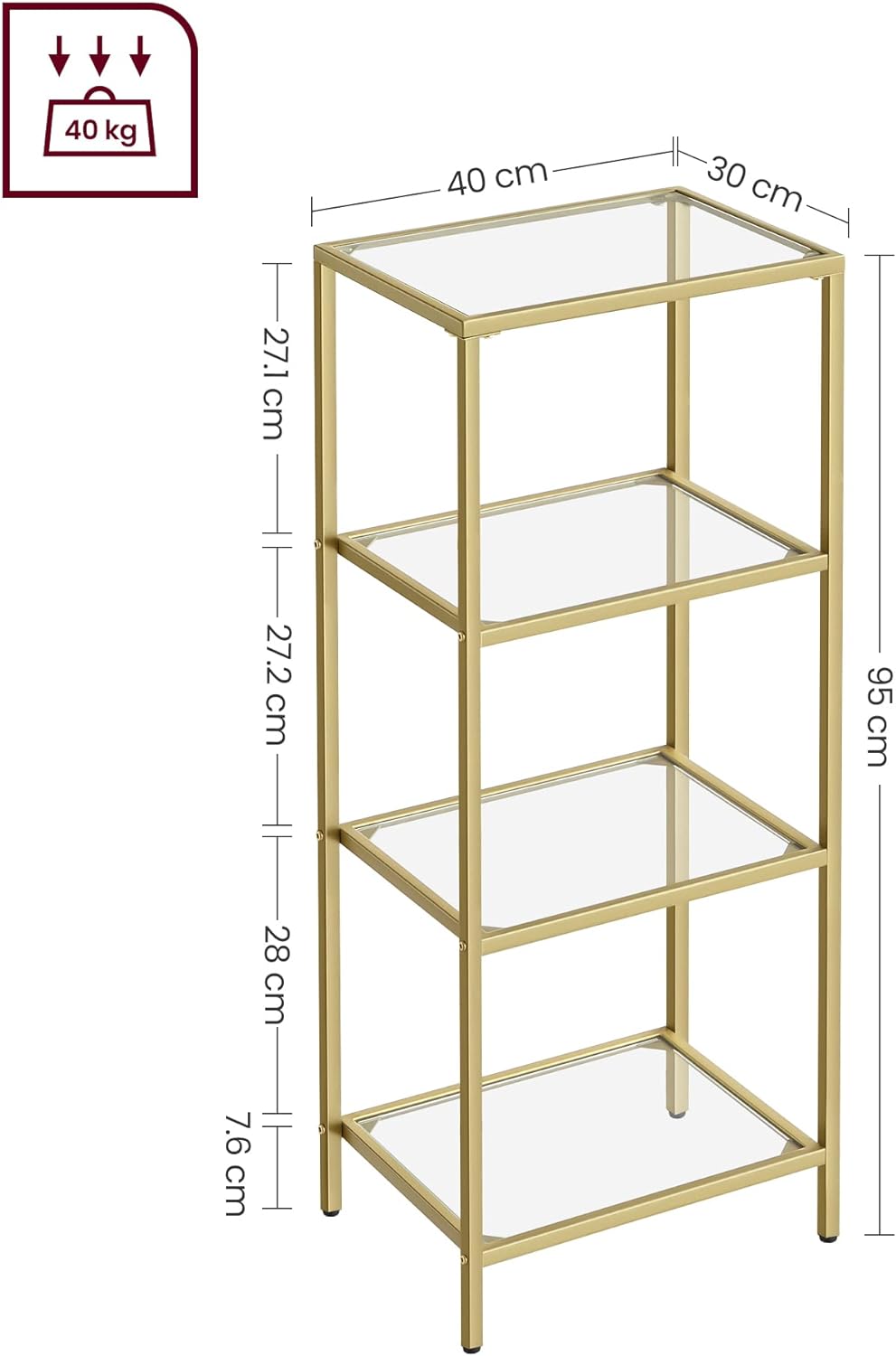 VASAGLE Raft cu trepte pentru dormitor, 4 etaje, din sticla securizata, cadru din otel, 30x95x40cm, auriu Household NewTrend