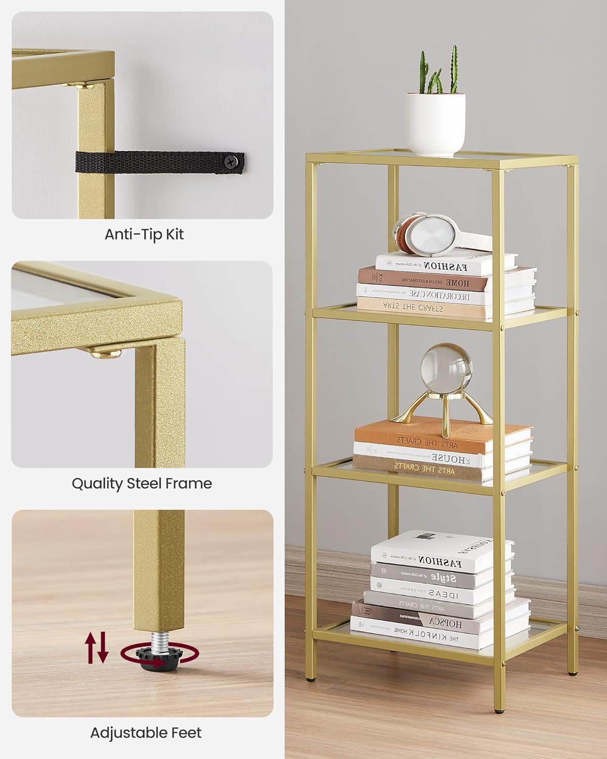 VASAGLE Raft cu trepte pentru dormitor, 4 etaje, din sticla securizata, cadru din otel, 30x95x40cm, auriu Household NewTrend