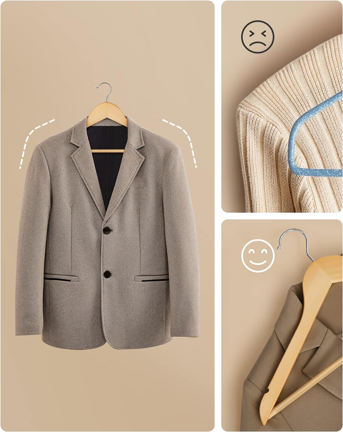 SONGMICS Set de 20 umerase din lemn, cu bara anti-alunecare pentru pantaloni, carlig pivotant la 360°, 45cm, natur Household NewTrend