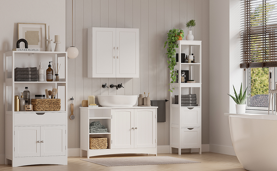 VASAGLE Dulap lavoar baie, cu 2 usi si un compartiment deschis cu rafturi reglabile, 90x30x60cm, alb Household NewTrend