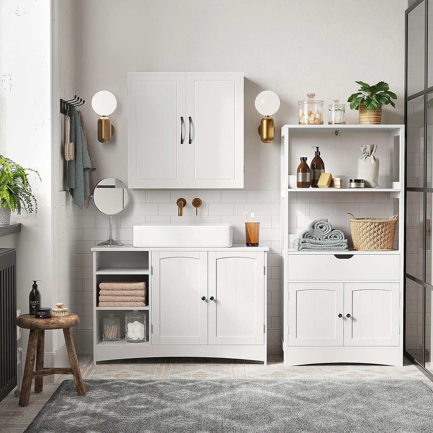 VASAGLE Dulap lavoar baie, cu 2 usi si un compartiment deschis cu rafturi reglabile, 90x30x60cm, alb Household NewTrend