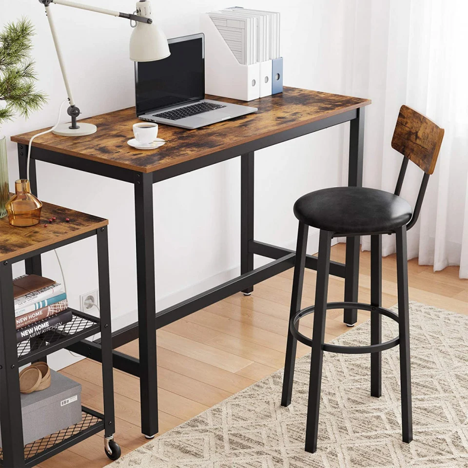 VASAGLE Set 2 scaune de bar cu spatar din PAL, sezut moale tapitat, 39x100x76cm, maro rustic si negru Household NewTrend