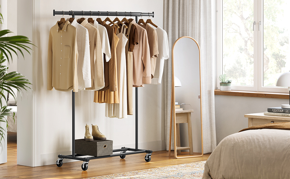 SONGMICS Suport pentru haine cu sina superioara extensibila, pe roti, reglabil pe latime, 45x(92-132)x160cm, negru Household NewTrend