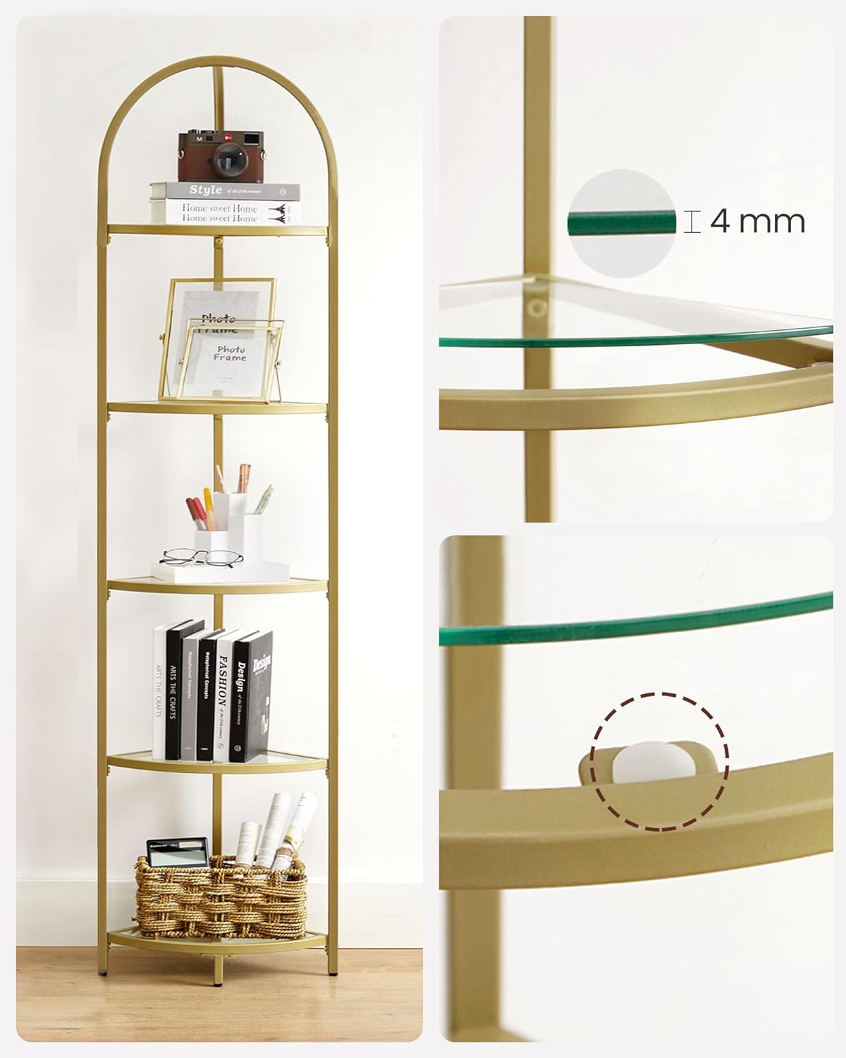 VASAGLE Raft de colt cu trepte pentru dormior, 5 etaje, din sticla securizata, cadru din otel, 28x28x158cm, auriu Household NewTrend