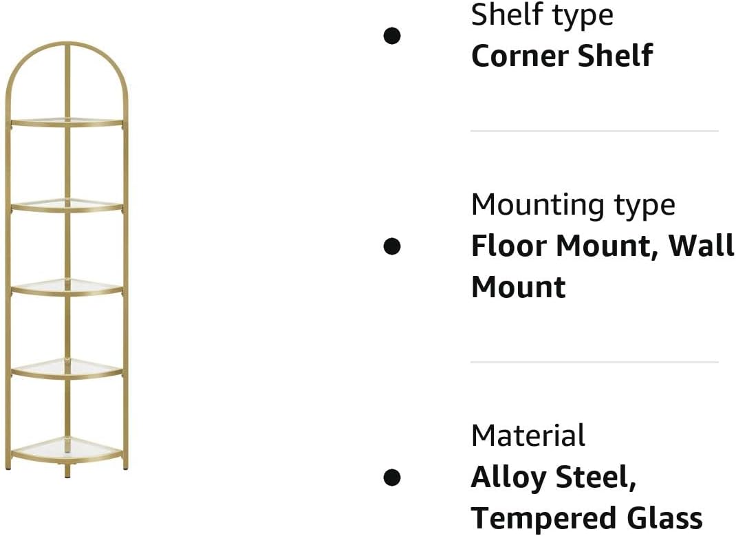 VASAGLE Raft de colt cu trepte pentru dormior, 5 etaje, din sticla securizata, cadru din otel, 28x28x158cm, auriu Household NewTrend