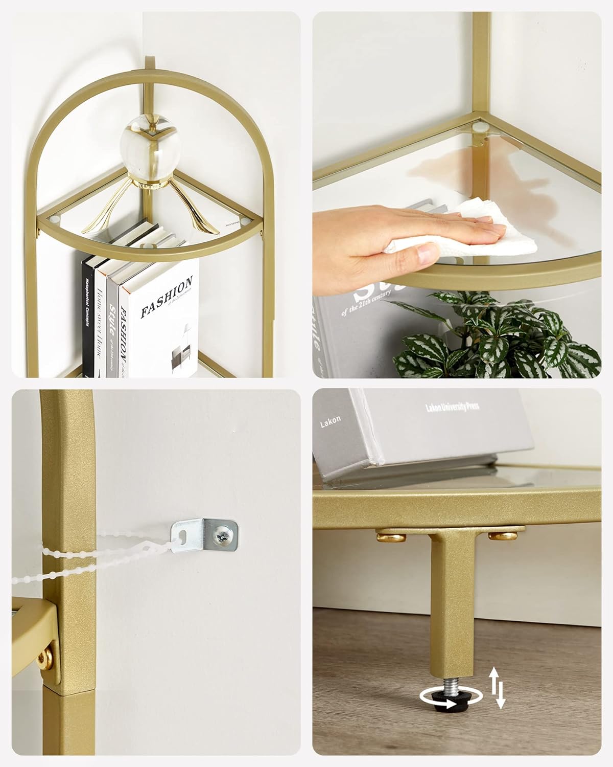 VASAGLE Raft de colt cu trepte pentru dormior, 5 etaje, din sticla securizata, cadru din otel, 28x28x158cm, auriu Household NewTrend