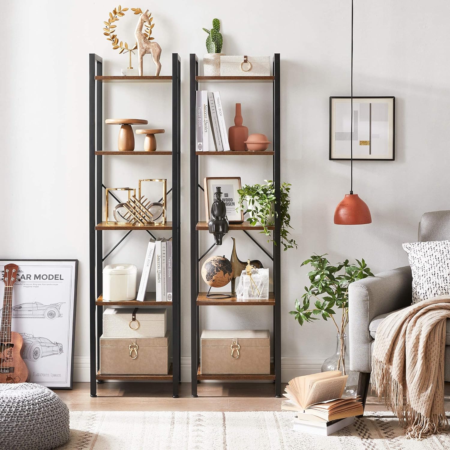 VASAGLE Raft cu 5 etaje, tip biblioteca, cadru metal si polite lemn, 40x30x153cm, industrial, maro rustic si negru Household NewTrend