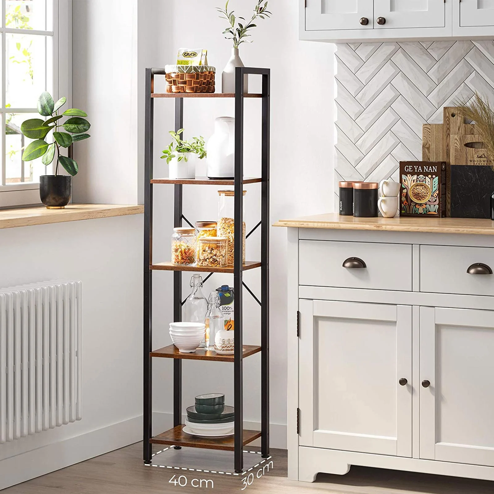 VASAGLE Raft cu 5 etaje, tip biblioteca, cadru metal si polite lemn, 40x30x153cm, industrial, maro rustic si negru Household NewTrend