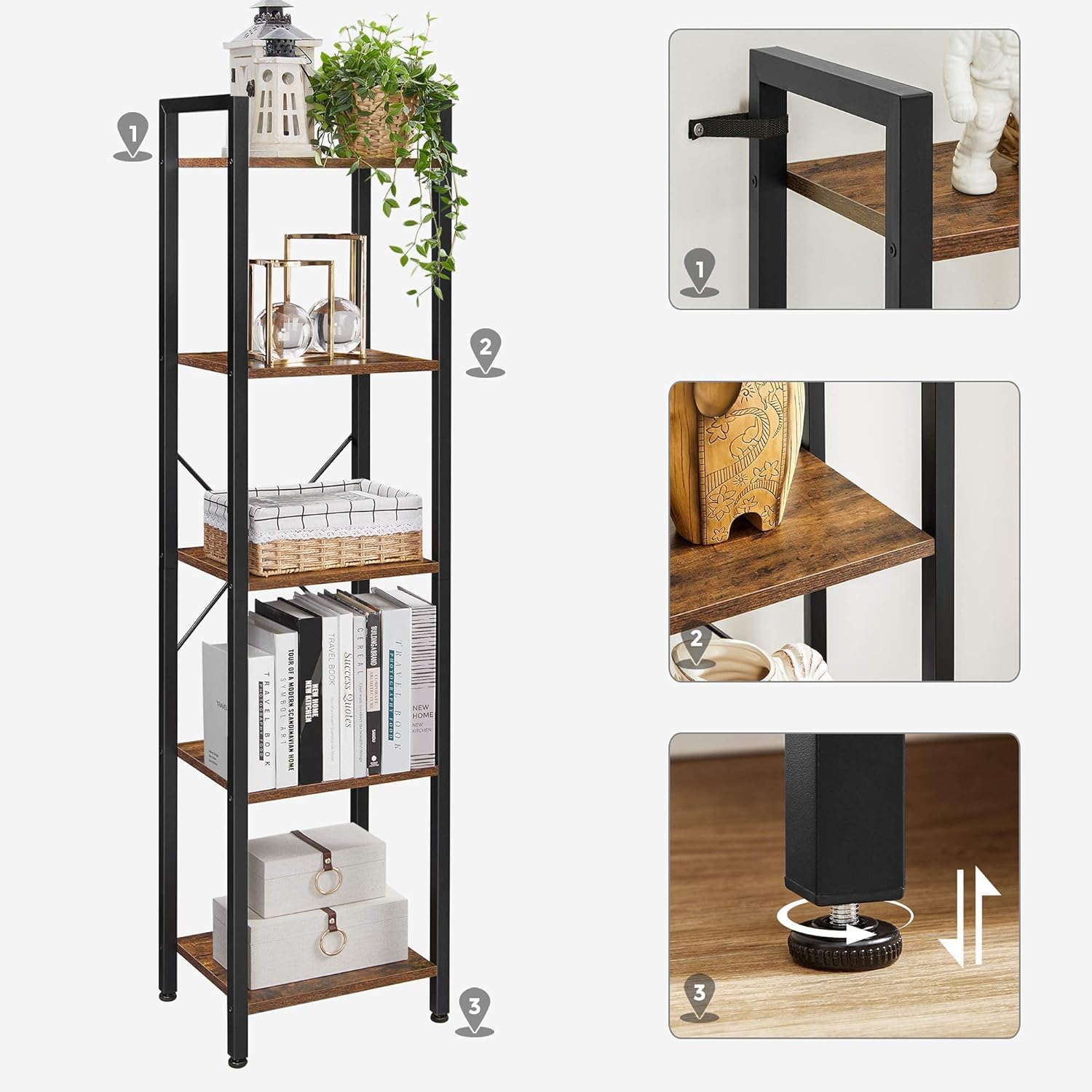 VASAGLE Raft cu 5 etaje, tip biblioteca, cadru metal si polite lemn, 40x30x153cm, industrial, maro rustic si negru Household NewTrend