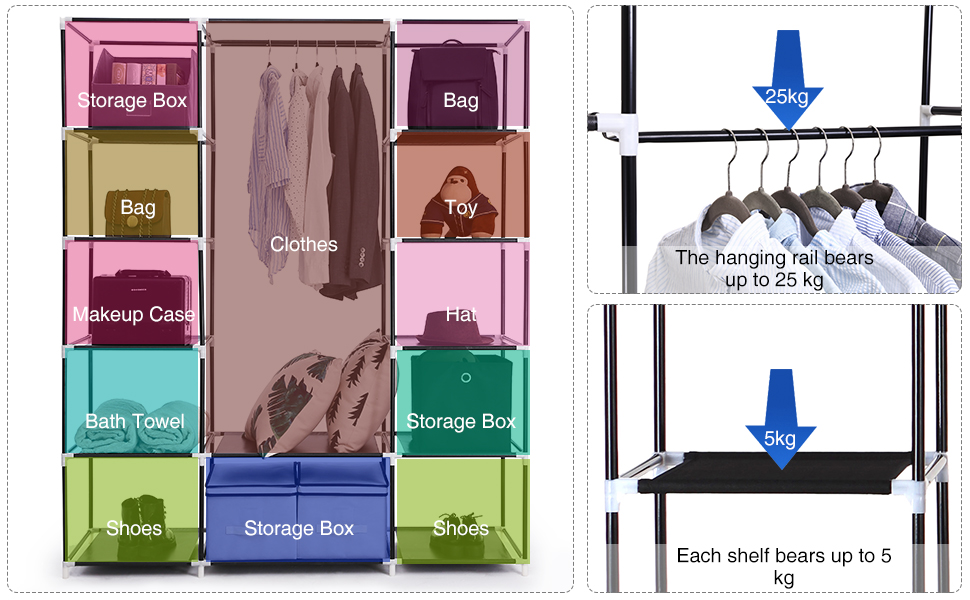 SONGMICS Garderoba din material textil, dulap portabil, cu rafturi si sina de agatat, 150x45x175cm, negru Household NewTrend